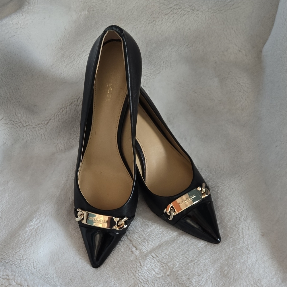 Coach Black Heels with Gold Chain Detail